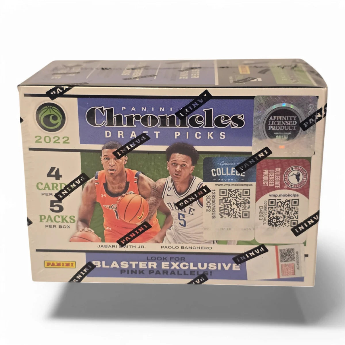 A sealed blaster box of 2022 Panini Chronicles Draft Picks basketball trading cards featuring images of players and the brand logo.