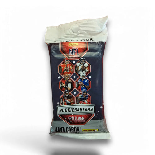 A sealed pack of 2023 Panini Rookies & Stars Football Value Pack trading cards featuring images of NFL players.