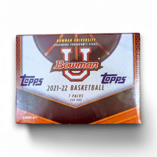 A sealed Topps Bowman 2021-22 Basketball Blaster Box with 7 packs per box displayed.