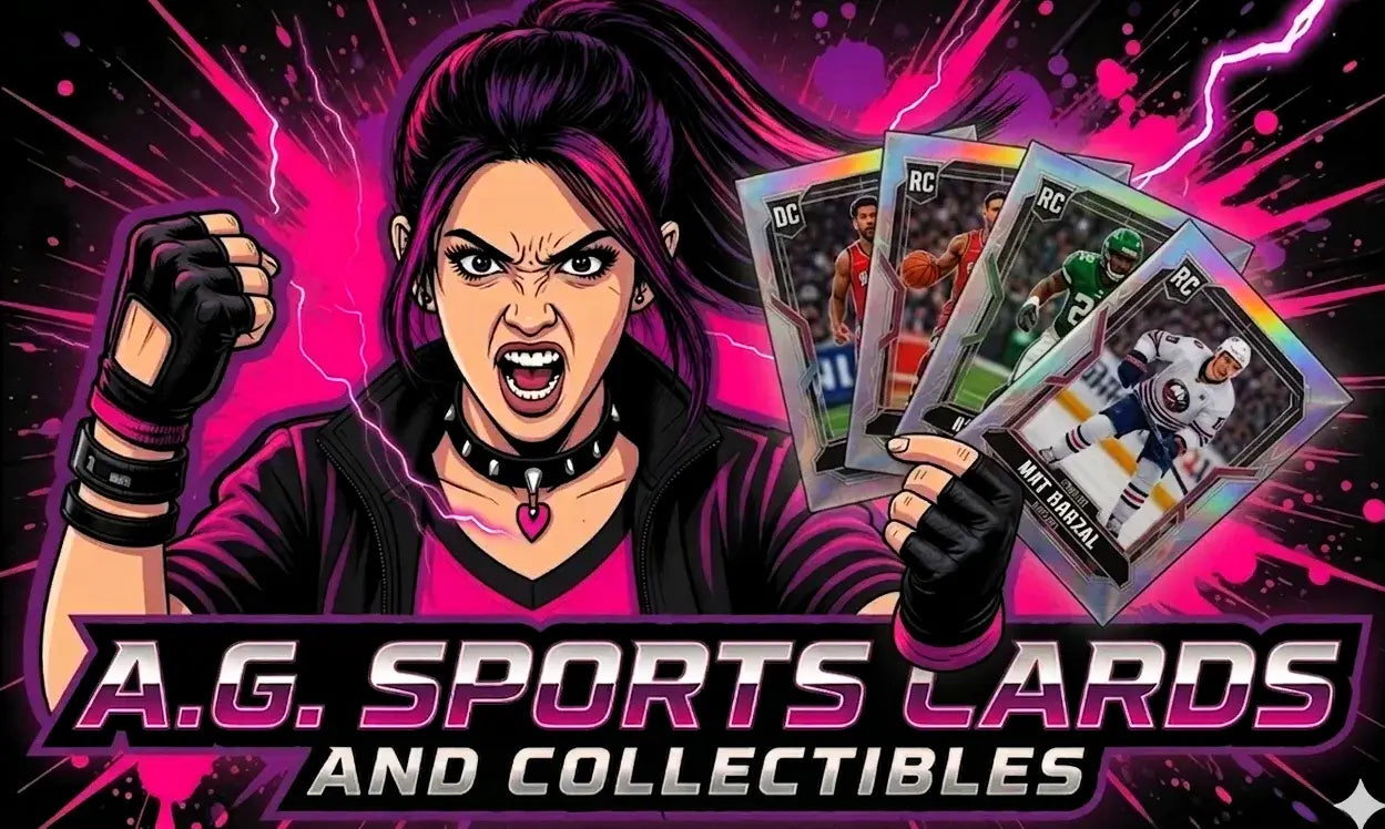 Promotional banner for A.G. Sports Cards and Collectibles featuring a character with purple hair and sports cards.