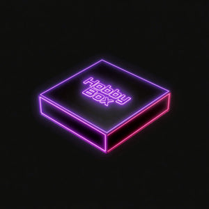 Neon box with 'Hobby Box' on a black background