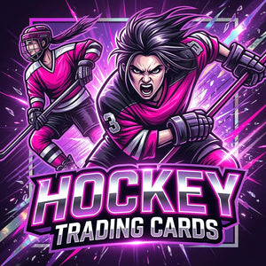 Hockey trading card graphic with two players in pink and purple gear