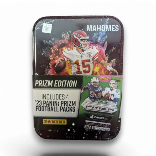 A collectible tin for 2023 Panini Prizm Football cards featuring a player's image and the text 'PRIZM EDITION INCLUDES 4 '23 PANINI PRIZM FOOTBALL PACKS' with the number '15' and the name 'MAHOMES' visible.