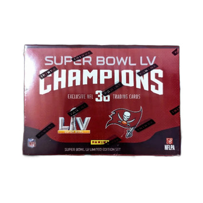 Super Bowl LV Champions trading card pack with Tampa Bay Buccaneers logo on a white background