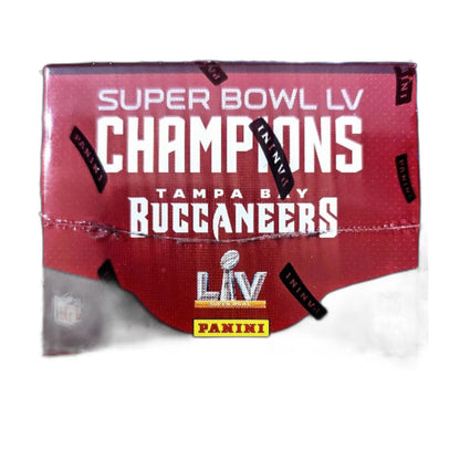 Super Bowl LV Champions Tampa Bay Buccaneers trading card pack with Panini branding.