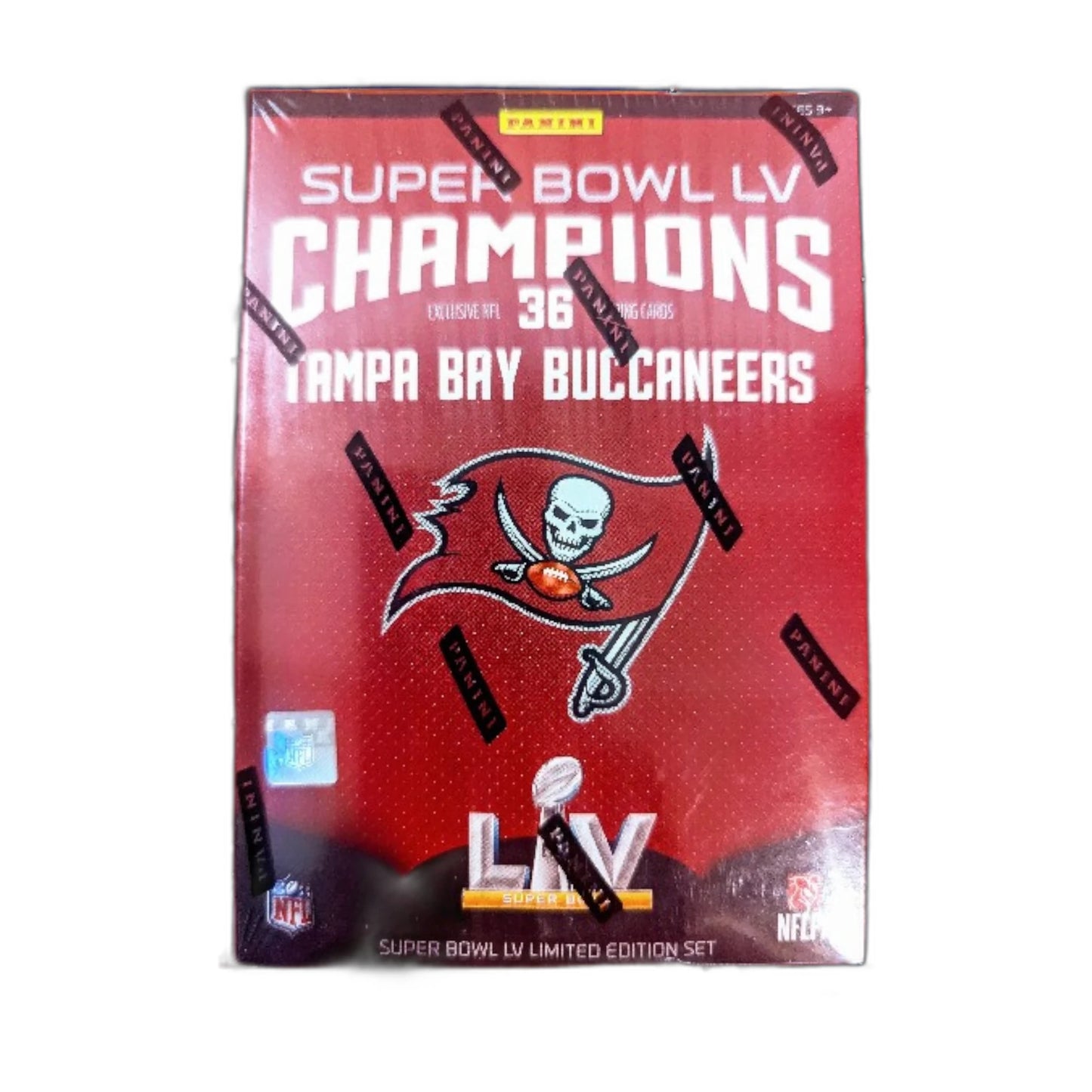 Super Bowl LV Champions Tampa Bay Buccaneers packaging with team logo and championship details.