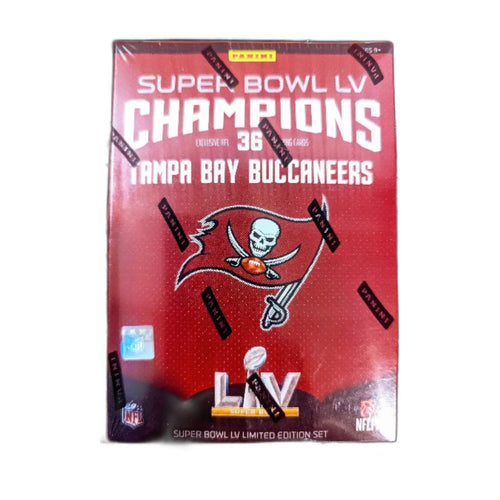 Super Bowl LV Champions Tampa Bay Buccaneers packaging with team logo and championship details.