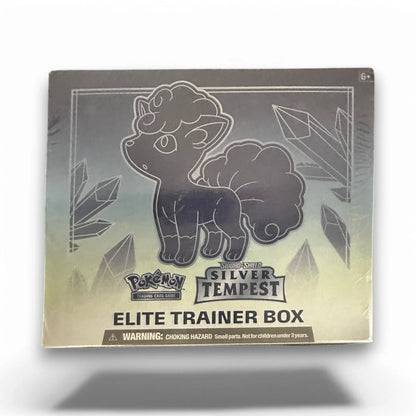 A Pokémon TCG Silver Tempest Elite Trainer Box featuring an illustration of a Vulpix character from the Pokémon series.